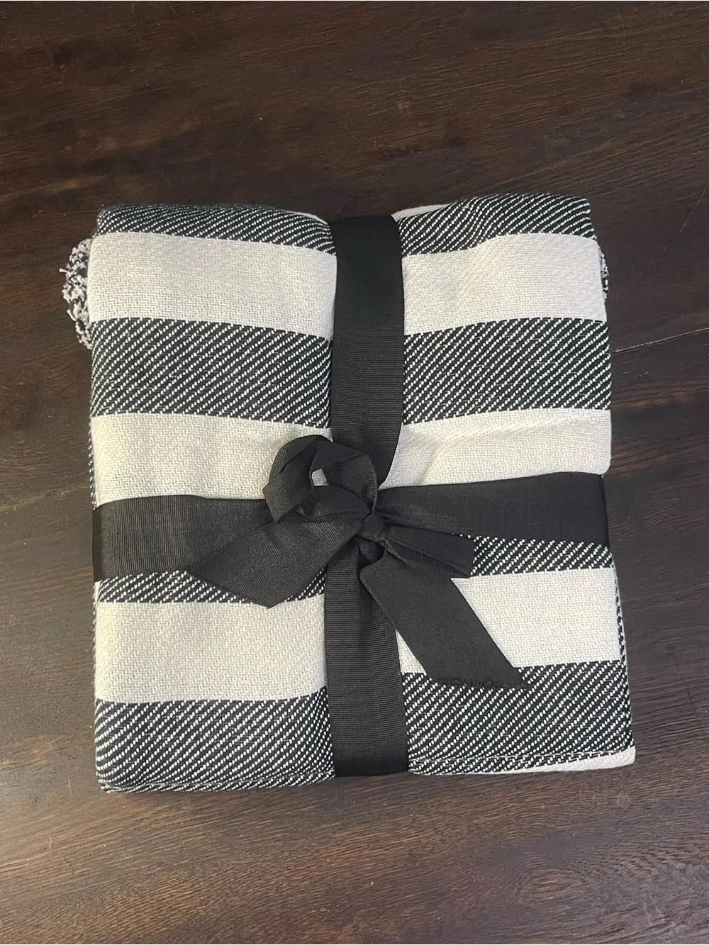 Woven Throw Blanket Black Off White 100% Cotton 50”x70” Striped Pompoms Gift